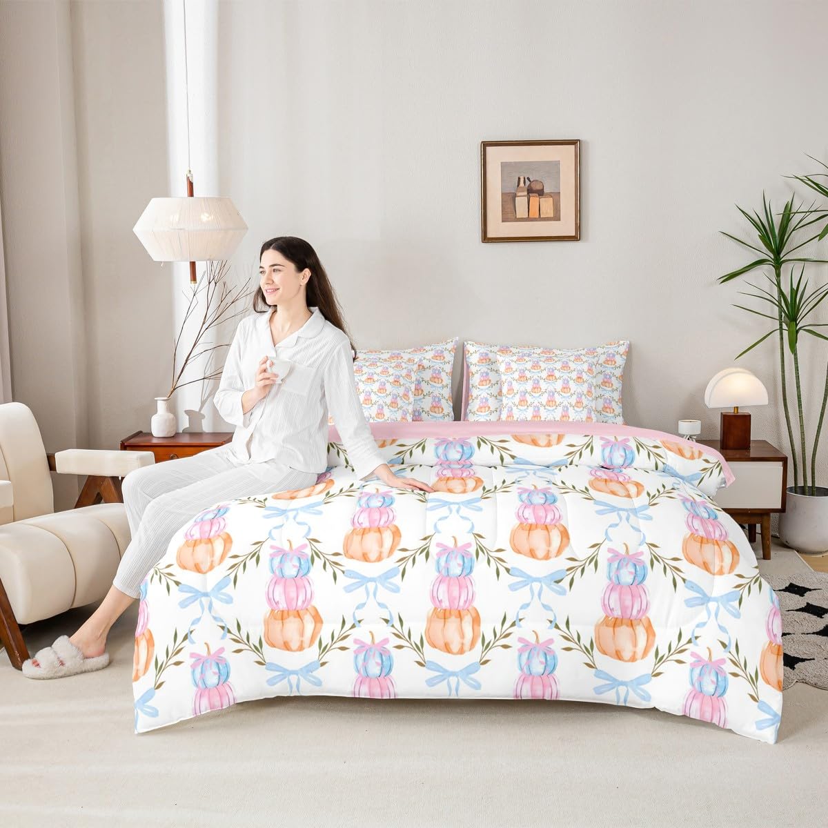 7 Pieces Watercolor Pumpkin Comforter Set Full Size,Pink Blue Bow Print Bedding Sets Kids Teens Adult Fall Plants Bow Grid Striped Quilt + Fitted & Flat Sheets + 2 Cushion Cover + 2 Pillowcases