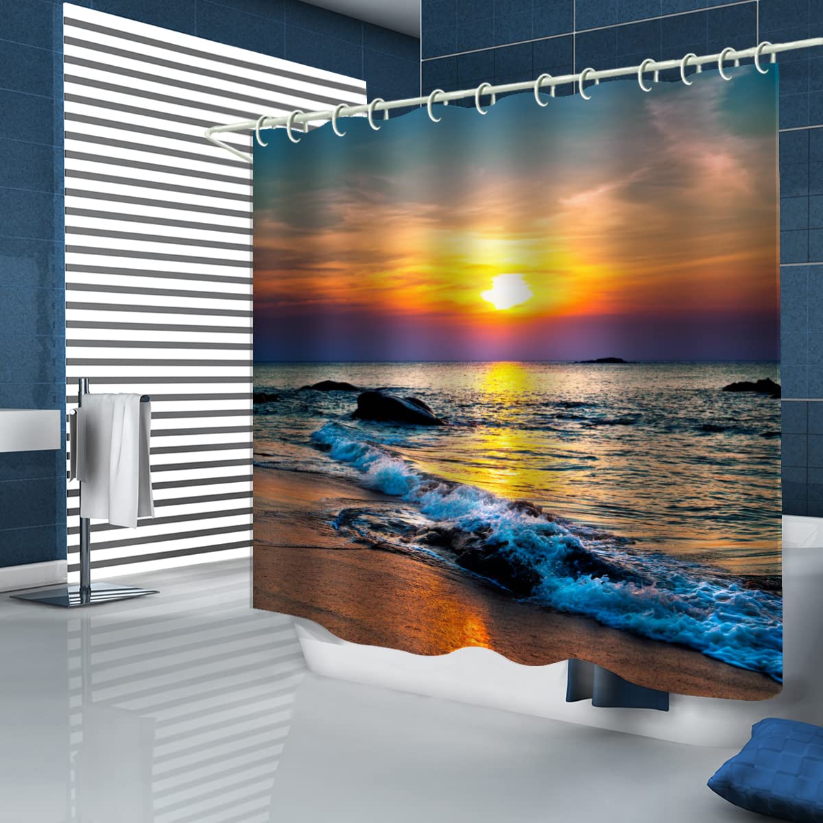 LYFANS Bathroom Uses Dawn Beach 3D Shower Curtain, Bathtub Uses Luxurious Standard Waterproof Shower Curtain, Washable Fabric Shower Curtains, with 12 White Hooks, 59x72 Inches.