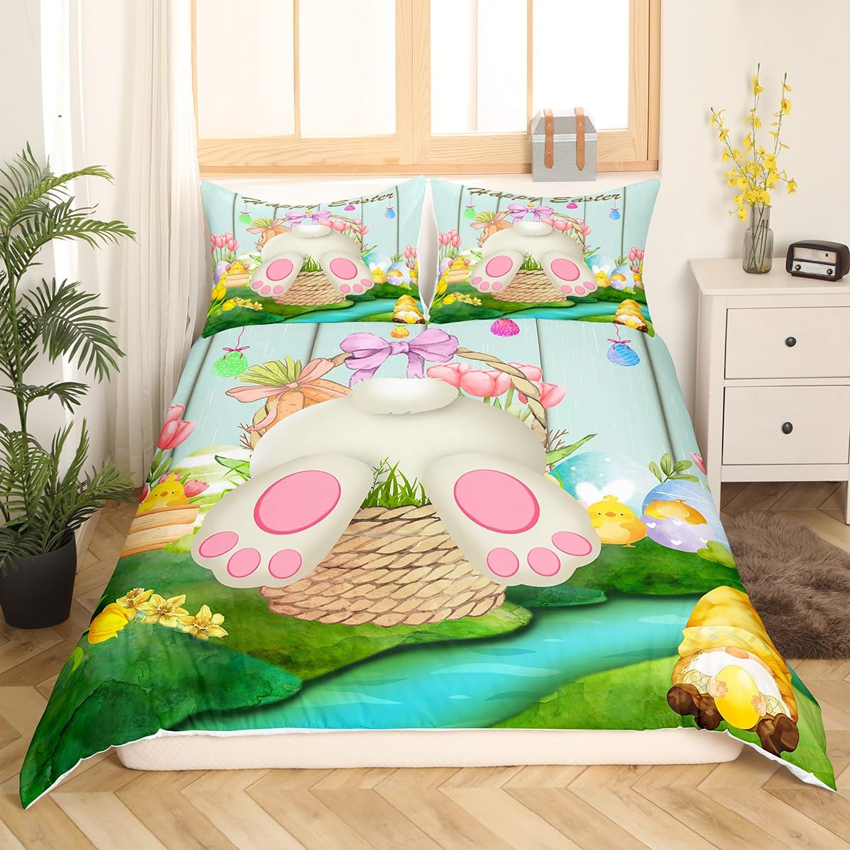 Erosebridal Easter Eggs Duvet Cover Easter Bedding Set,Rabbit Tail Comforter Cover Cute Rabbit Pet Animal Quilt Cover Queen Size Kawaii Greetings and Presents for Easter Day,Easter Baskets for Kids