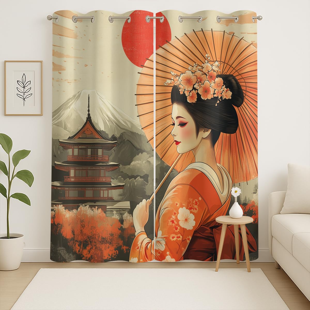 Czrouz Retro Geisha Curtain, Asian Japanese Style Women Sun Mount Fuji, Grommet Curtains for Vanity Corner or Compact Bedroom Window, 42 x 45 Inch, Thermal Insulated Darkening Drapes
