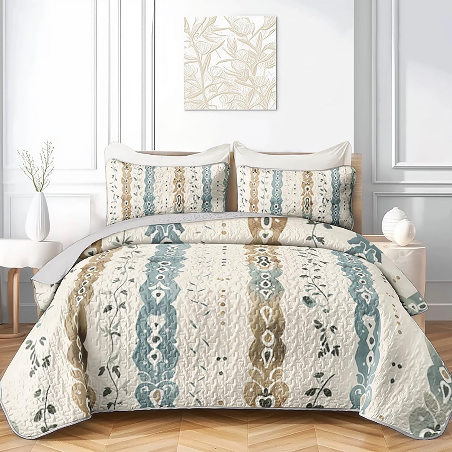 AILONEN King Quilted Comforter 3-Piece Set, Tribal Damask Stripe Bedspread Coverlet 2 Pillowcases, Luxury Master Suite Bedding Adults Sage Tan Brown Farmhouse Rustic Boho Botanical Chic