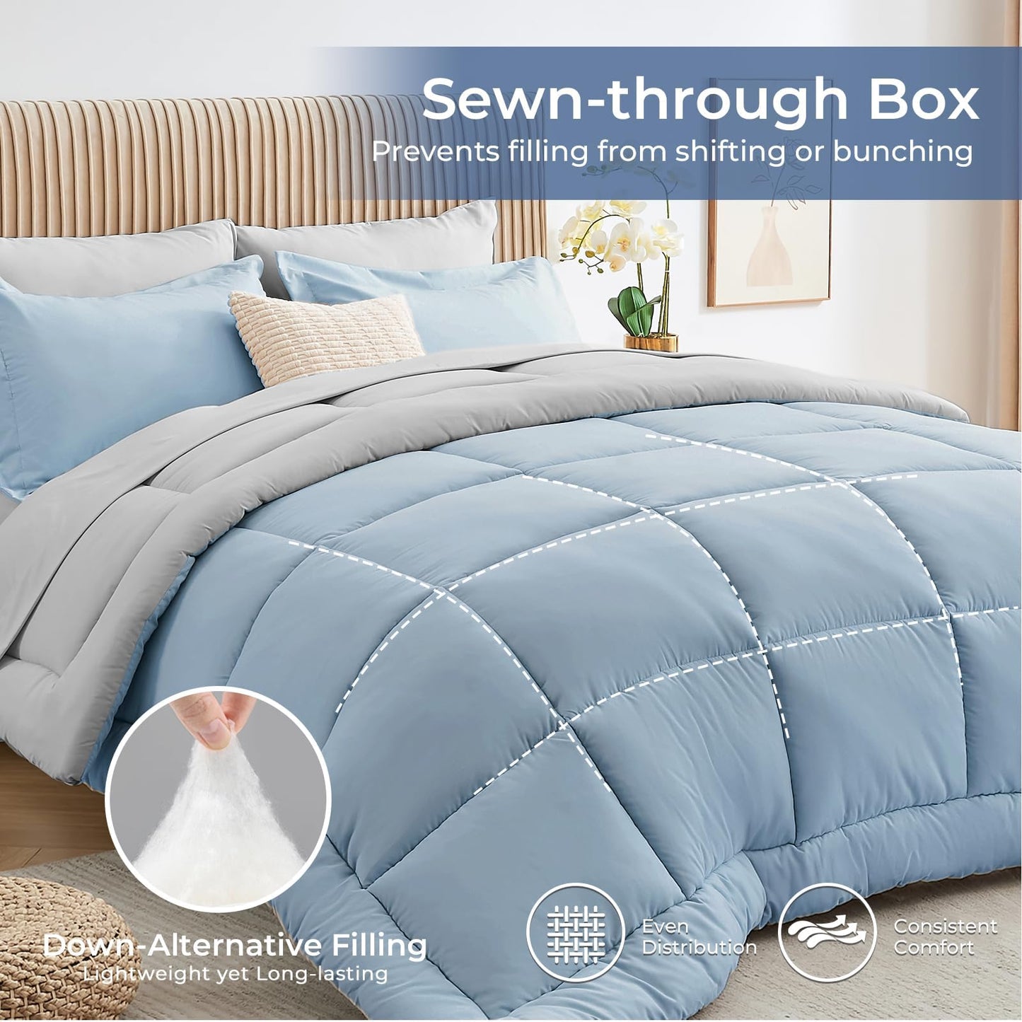 Sasttie Queen Comforter Set, 7 Pieces Bed in a Bag Queen, Complete Bedding Set Includes Comforter, Flat Sheet, Fitted Sheet, Pillowcases and Pillow Shams, Blue & Light Grey