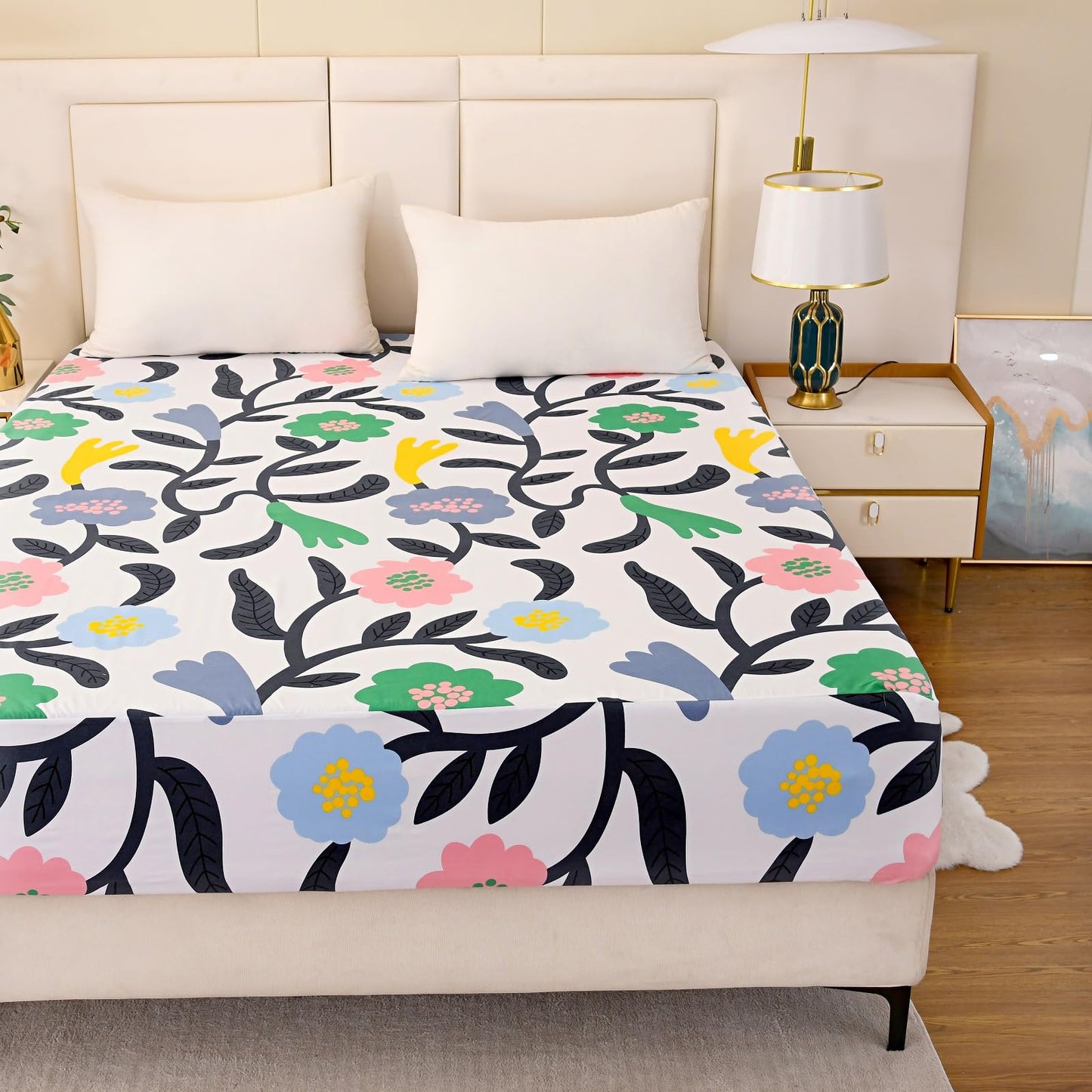 NATURETY Bedding Fitted Sheet with Deep Pocket Mattress Cover Sheets,Colorful Flowers Printed Fabric Bed Sheets (Floral, Queen)