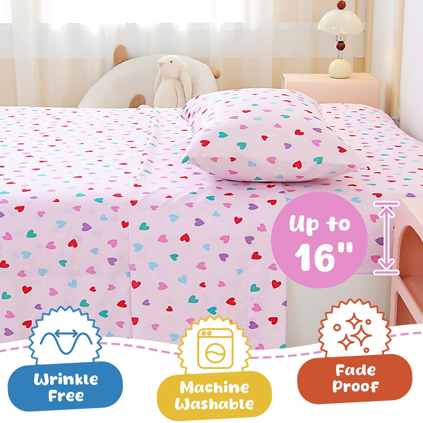 Swiftify Twin Sheets Set Kids for Boys & Girls, 3-Piece Bed Sheet Set for Toddler, Soft Brushed Microfiber Bedding, Deep Pocket, Wrinkle & Fade Resistant, Hearts