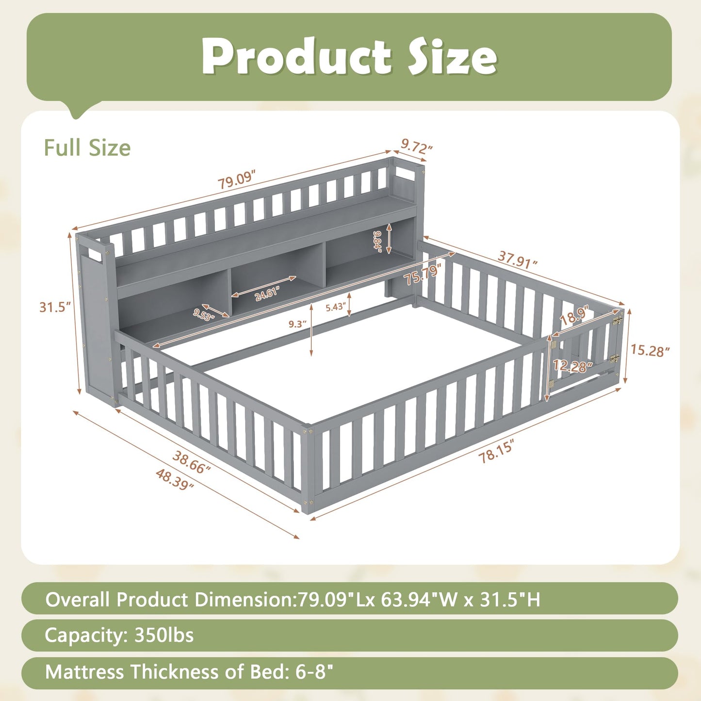 mikibama Full Size Montessori Floor Bed with Bookcase for Kids, Grey