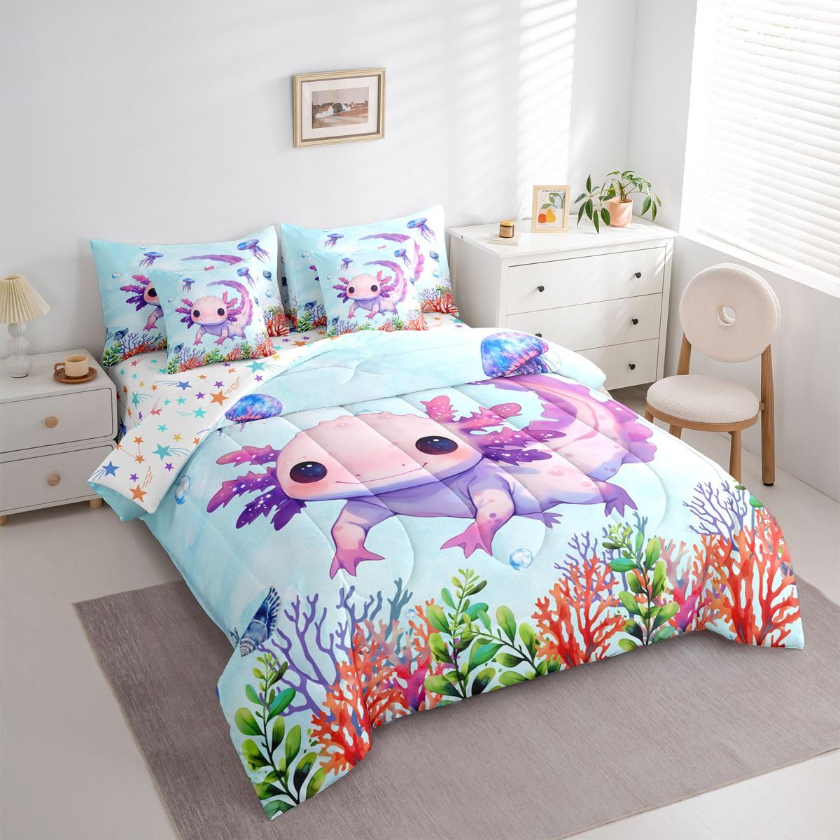 Erosebridal Coral Axolotl Blue Purple Ombre Girls 7 Piece Bedding Set Twin | Kawaii Cartoon Comforter Set with Sheets Ocean Sealife Cute Bed in A Bag Salamander Bed Sets