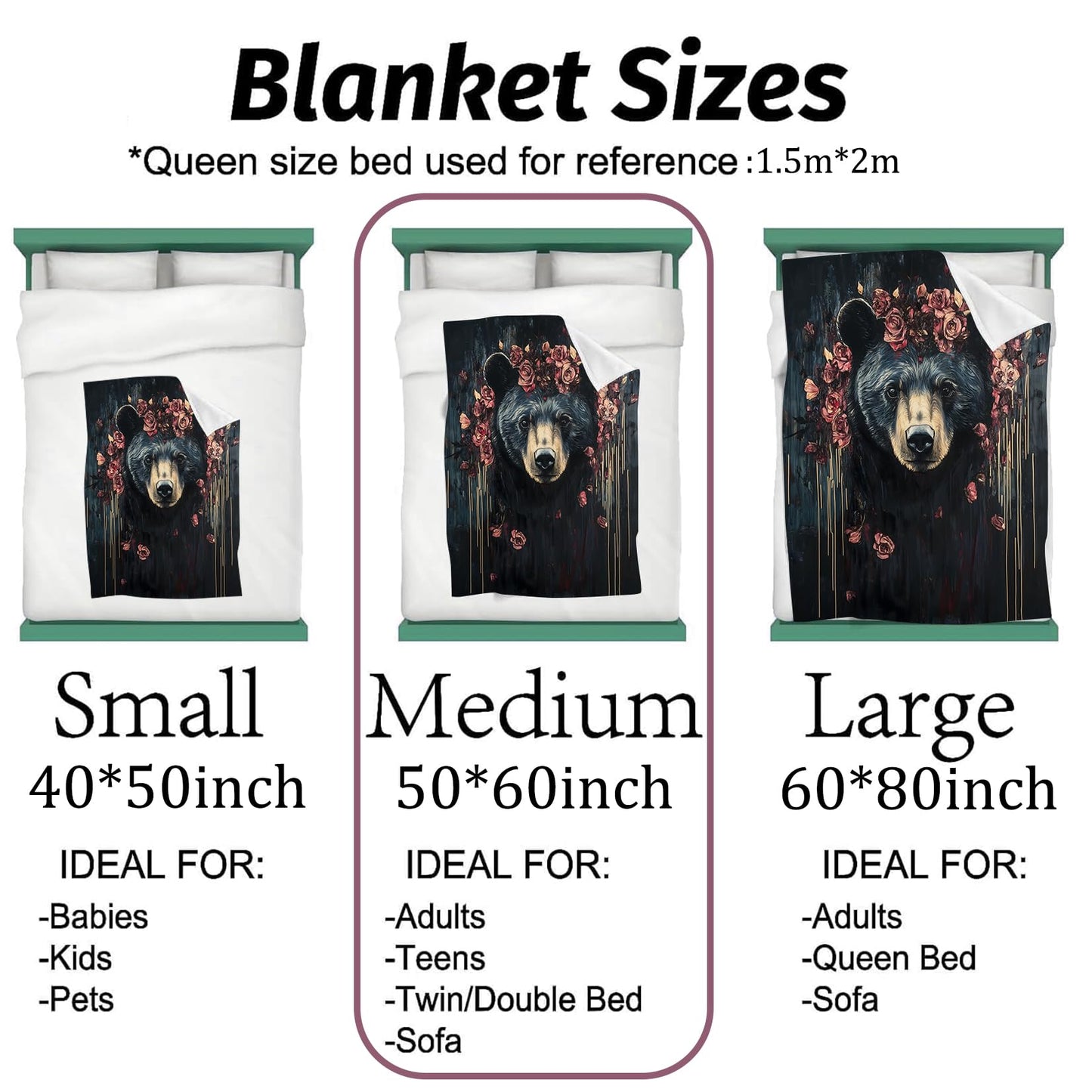 vnlvnl Black Bear and Rose Blanket Lightweight Flannel Blankets Gifts for Adults with Dramatic Floral Printed Throw for Couch Chair Office Bedroom Fall Winter Decor, 60x50inch