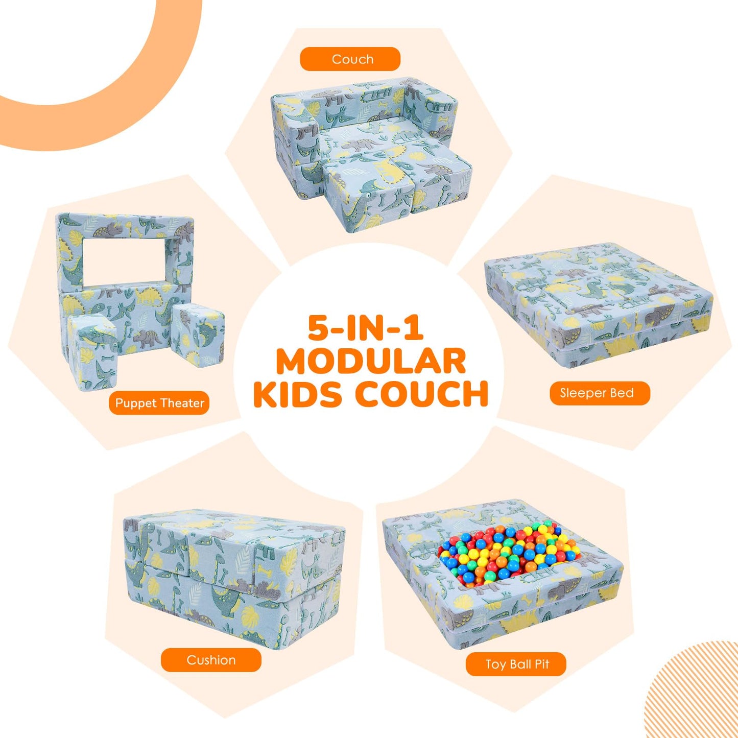 MeMoreCool Glow-in-the-Dark Dinosaur Kids Loveseat - Modular Toddler Play Couch that Folds Out, Convertible Foam Chair & Mini Sofa Bed with Washable Plush Cover, 2-Seat Playroom Furniture