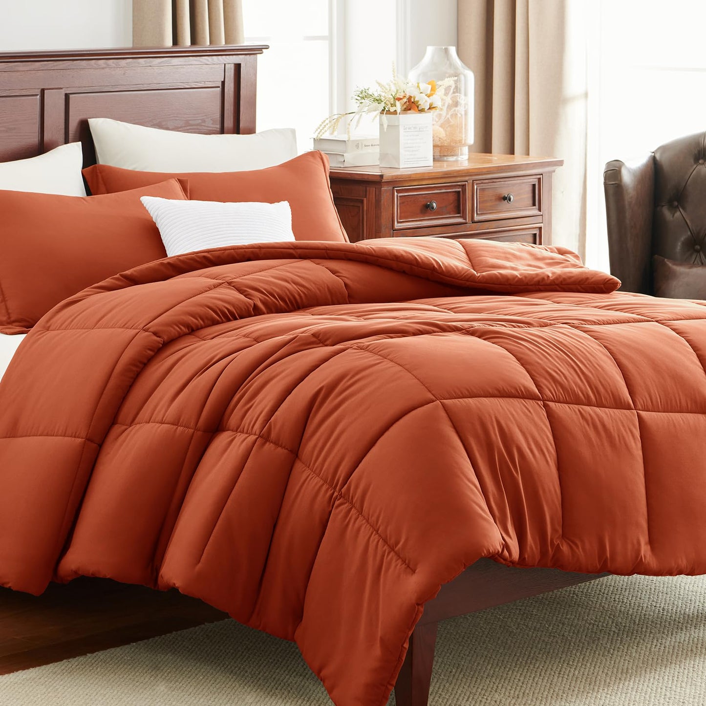 CozyLux Queen Comforter Set - 270GSM Terracotta Bedding Sets for All Seasons, 3 Pieces Box Stitched Bed Set with 1 Down Alternative Comforter and 2 Pillow Shams, Soft, Lightweight, Breathable