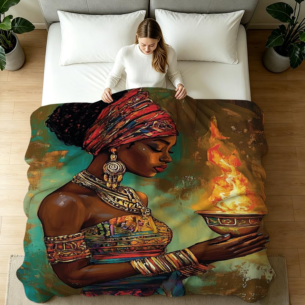 HUNXIAOJ African American Throw Blanket Black Girl Blanket African Gifts for Women Tribal Bedding Ethnic Decor Warm Soft Flannel for Sofa Couch (49in x 59in)