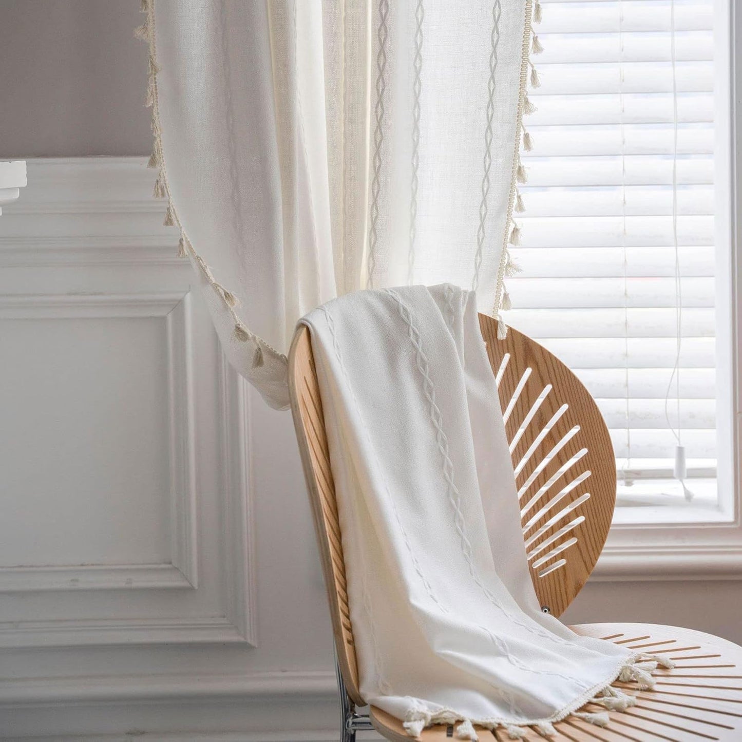 BCLBUSTE Boho Curtains Semi-Blackout 84 Inch 2 Panels for Living Room, Linen Tassels Farmhouse Curtains with Embroidery for Bedroom Rod Pocket Draperies 52" W x 84" L, Off White