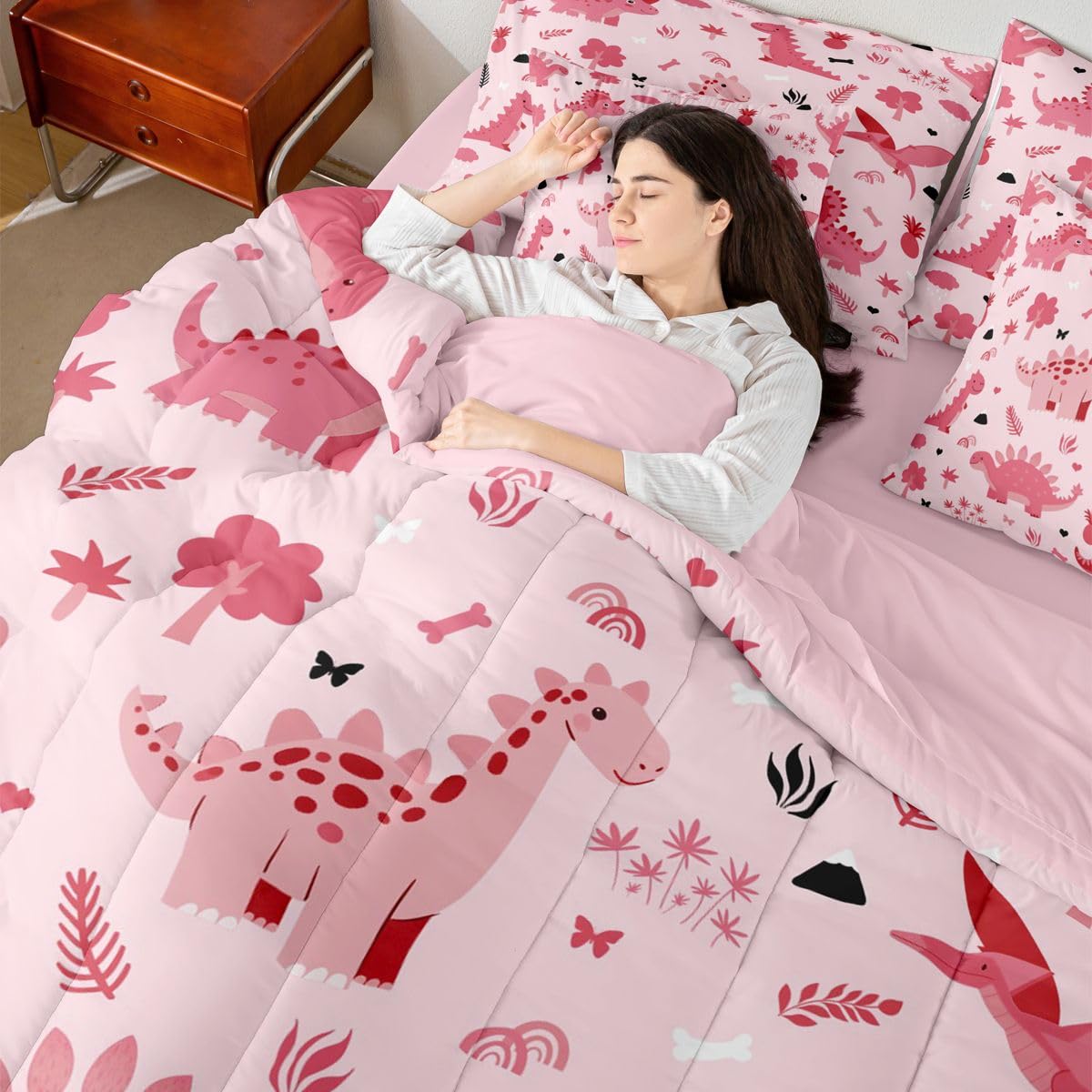 Feelyou Kids Pink Dinosaur Full Comforter Set with Sheets for Kids Boys Girls Cute Dinosaur 7 Pieces Bedding Set Cartoon Animal Bed in a Bag Room Decor Soft Lightweight Microfiber