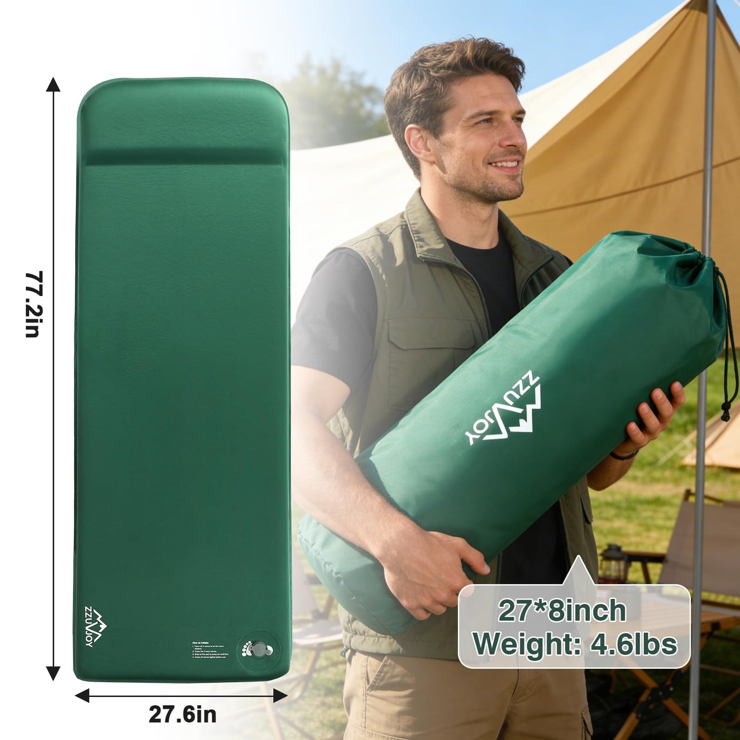 Zzuvjoy Memory Sleeping Pad, 3.1" Ultra-Thick Foam Sleeping Mats for Camping, 9.5 R-Value Insulated Self Inflating Sleeping Pad with Pillow, Camping Mattress Pad for Car Travel Tent