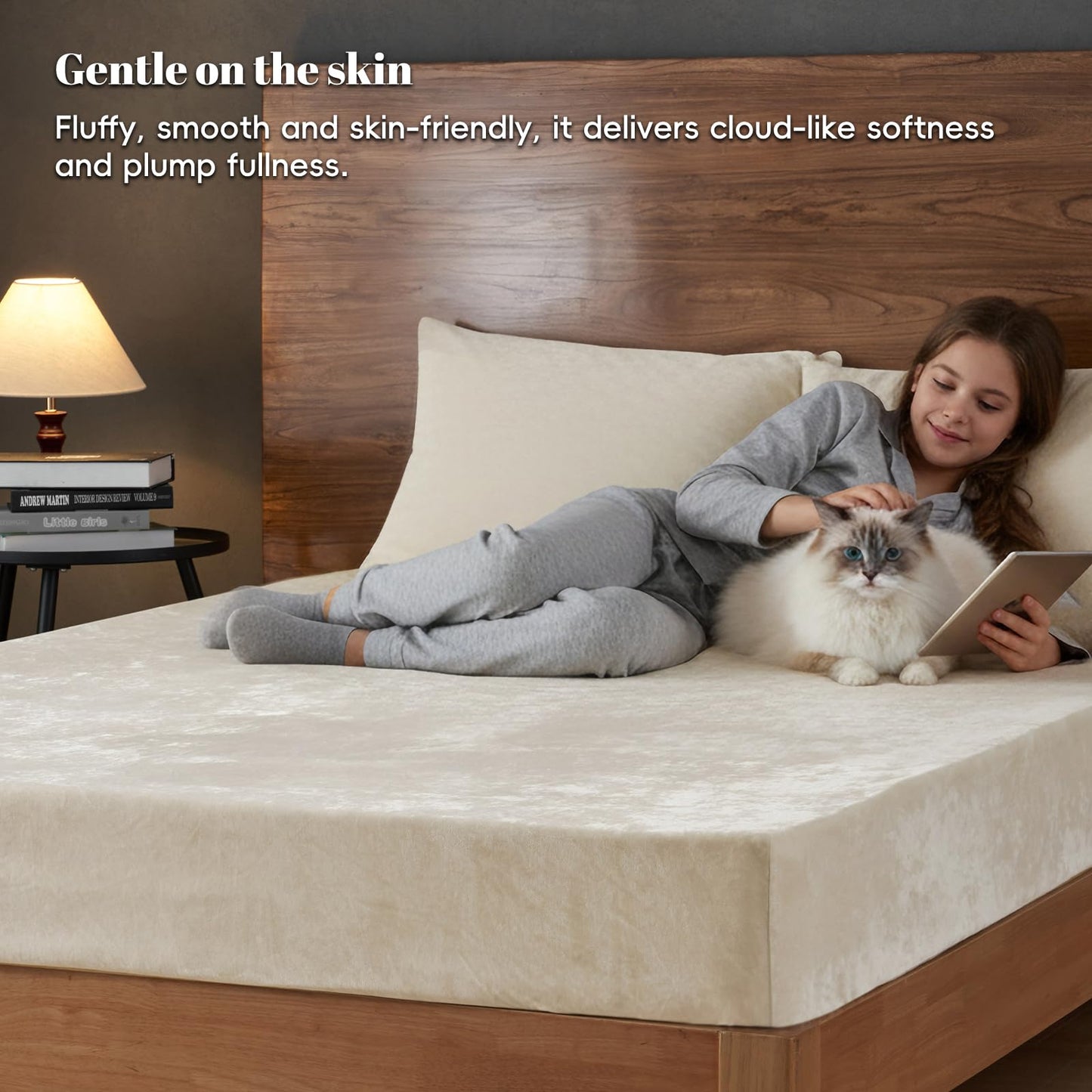PHF Truly Velvet Fitted Sheet Only Full Size, Luxury Super Soft Cozy Fuzzy Fleece Bottom Sheet, Deep Pocket Up to 16",Strenghth Elastic Band, Suitable for Fall Winter Spring, No Pillowcases, Sand