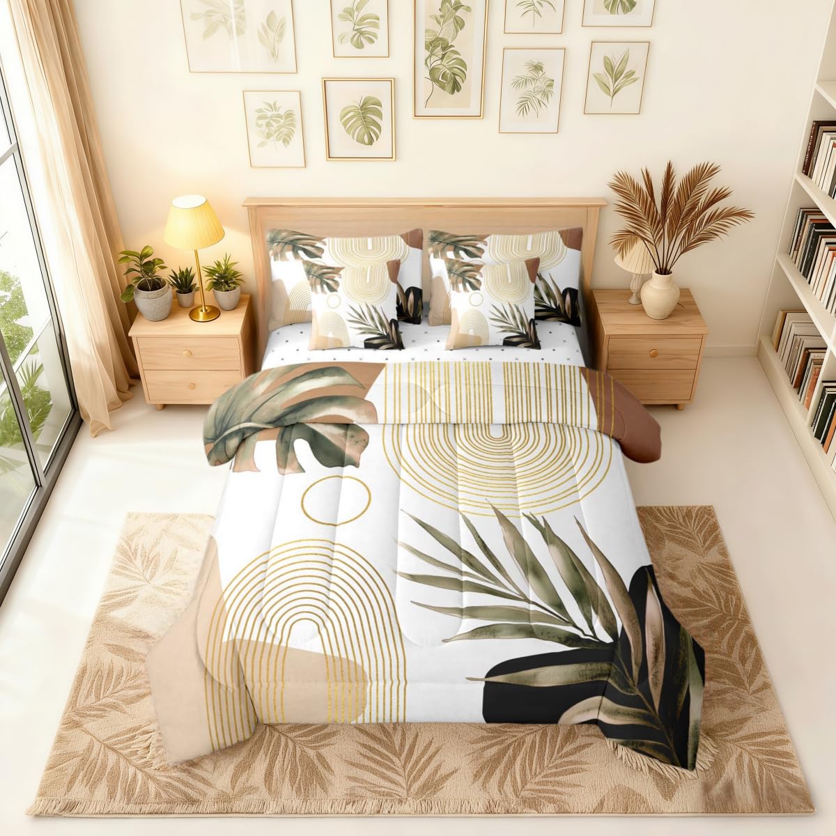 Erosebridal Boho Brown Full 7 Pcs Bedding Set, Abstract Bohemian Mid Century Aesthetic Comforter Set with Sheets, Modern Simple Minimalist Geometric Bed in A Bag, Plant Botanical Palm Leaf Bed Sets