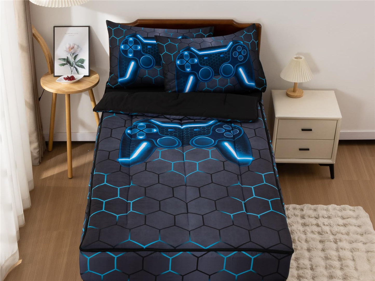 NTBED Gamer Printed Zipper Bedding Sets Twin for Kids Boys Lightweight Microfiber Geometric Comforter Set with Fitted Sheet Pillow Covers,Blue