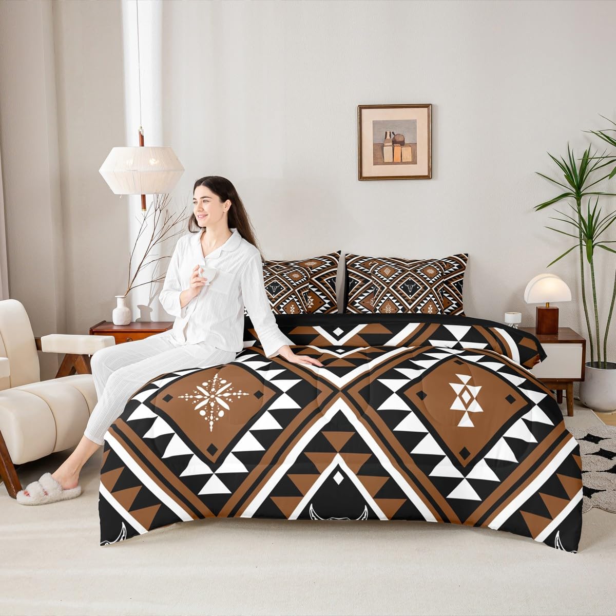 Erosebridal Rustic Western 7 Pcs Comforter Set King for Men,Southwestern Aztec Bedding Bohemian Quilt Ethnic Horns Bull Skull Farmhouse Bedroom Decor Brown Geometric Diamond Sheet Set Bed in A Bag