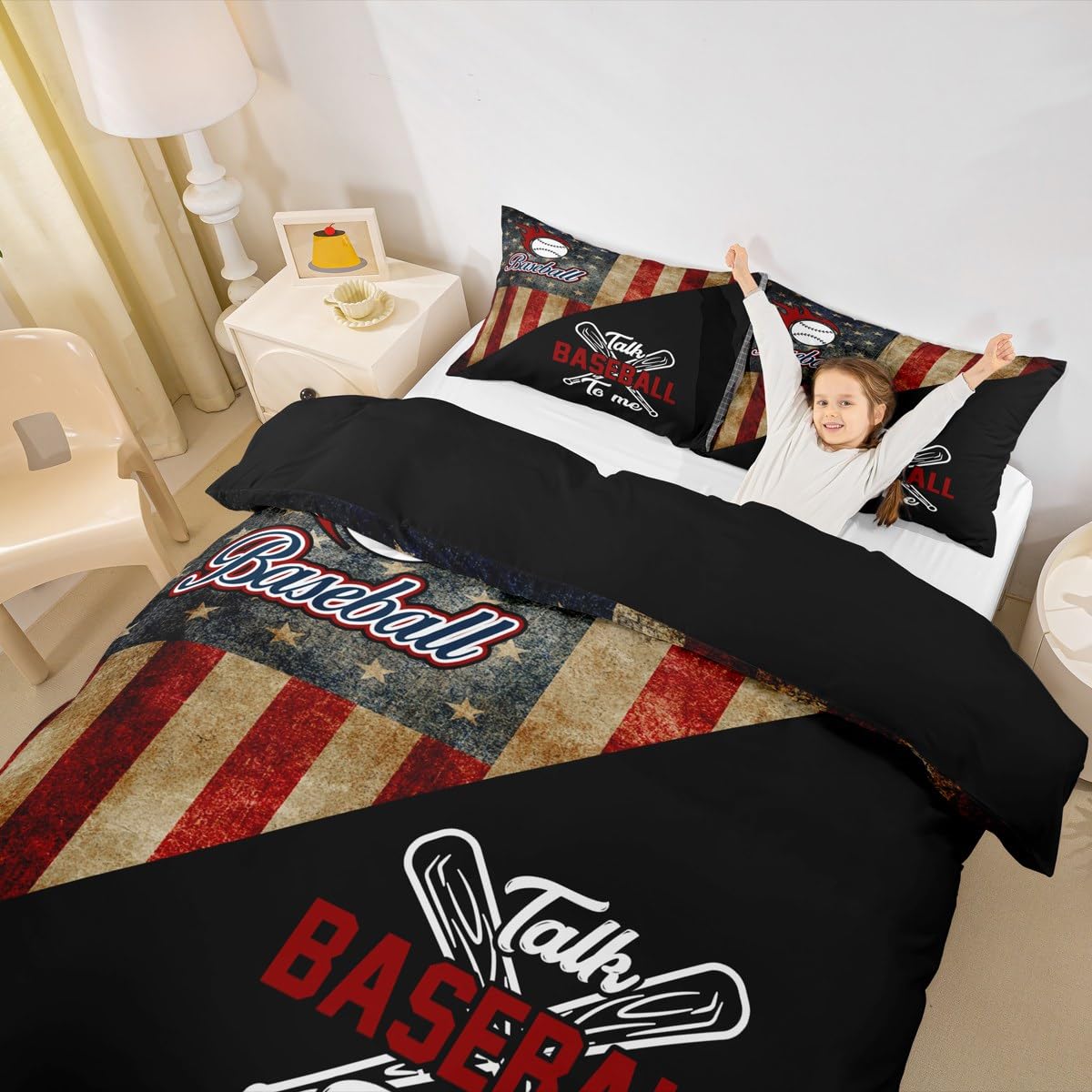 Baseball Boys Duvet Cover Set King Size,American USA Flag Retro Bedding Set,Kids Girls Adults Bedroom Decor,Baseball Bats Sport Games Comforter Cover,Black Splicing Quilt Cover,3pcs,2 Pillowcases