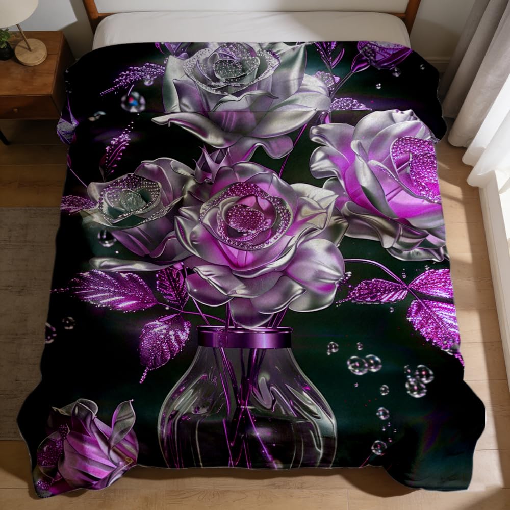 ZHOUSHUTONG Purple Silver Rose Floral Flannel Throw Blanket, Soft Cozy Warm Plush Blankets for Couch Bed Sofa, Elegant Flower Print Decorative Blanket, Gift for Women Girls 49"x59"