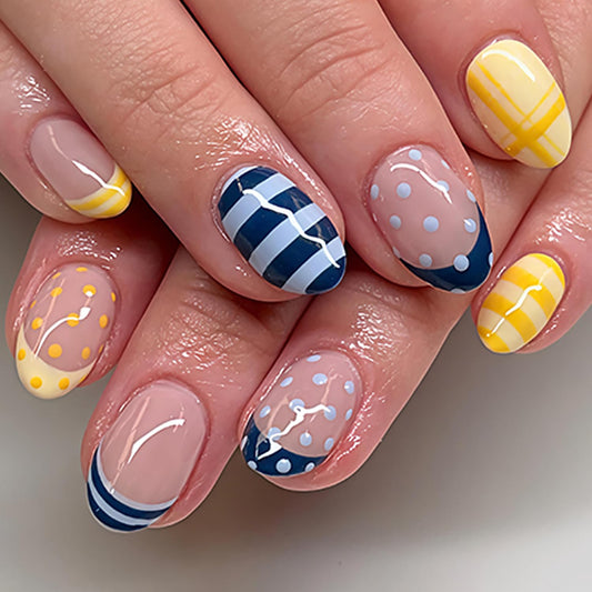 Blue Yellow Press On Nails Short Almond Fake Nails Cute Nails Press Ons With Polka Dot Stripes Designs Artificial Acrylic False Nails Full Cover Glue On Nails French Stick On Nails For Women