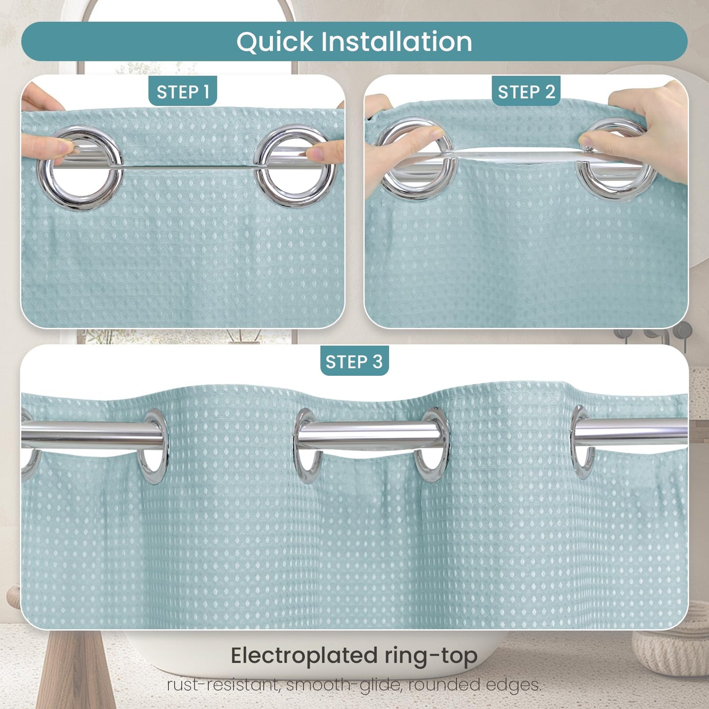 DRIFTED ROOT No Hook Shower Curtain Set with Snap-in Detachable Liner, 230 GSM Waffle Weave Fabric, Heavy Duty Water-Repellent, Pale Blue, 72 x 74 Inch