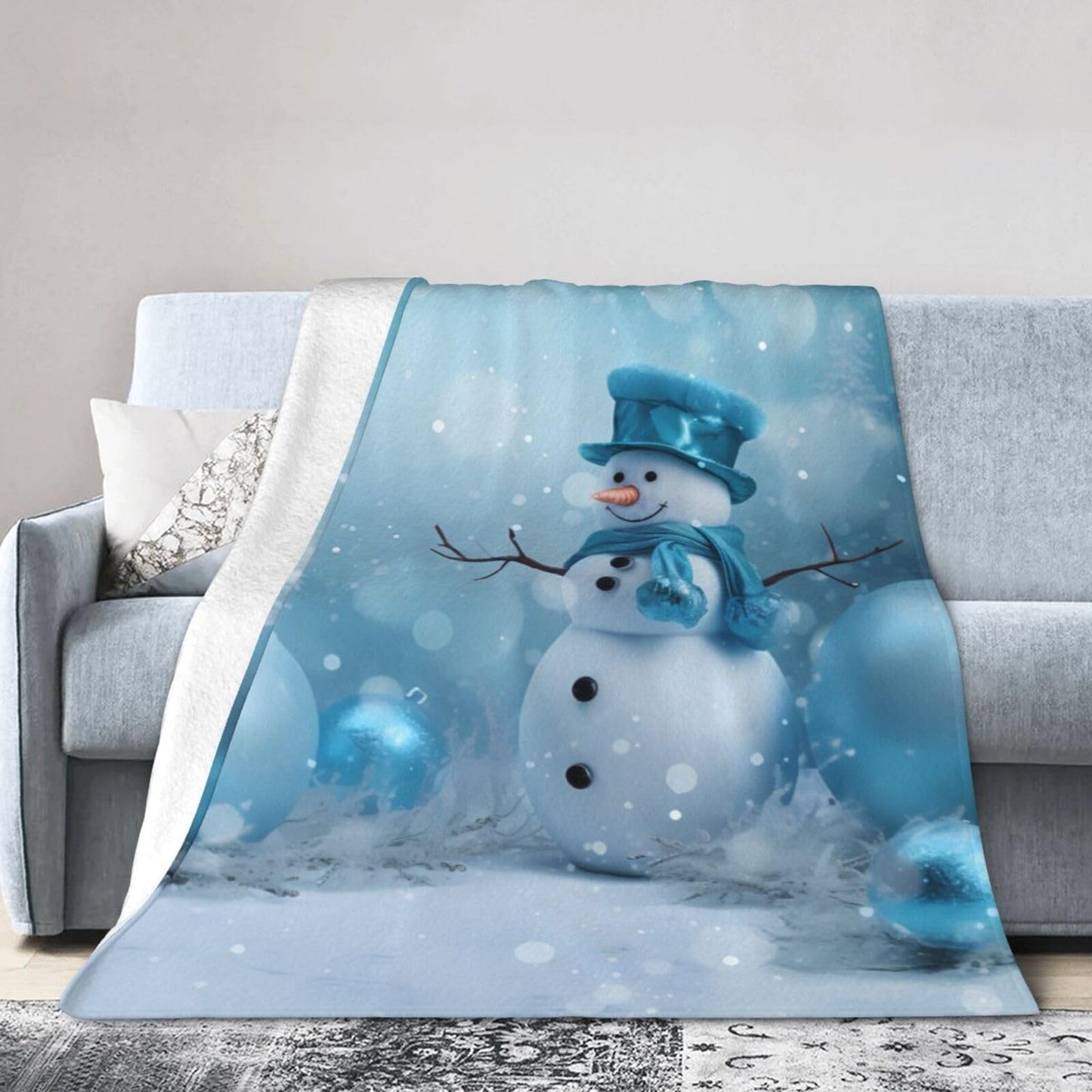 Christmas Snowman Ultra-Soft Flannel Throw Blankets, Blue Night Blanket for Bed Couch Sofa, All Seasons Home Camper Travel 60"x50"