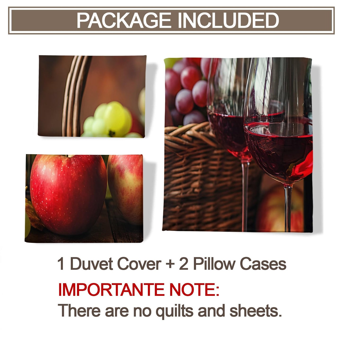PAISUOQ Rustic Duvet Cover King Size, Country Kitchen Bedding Set, 3 Piece, Soft Microfiber Patterned Comforter Cover with Zipper Ties & 2 Pillowcase, Red Wine & Grapes Bedroom Decor & Gifts
