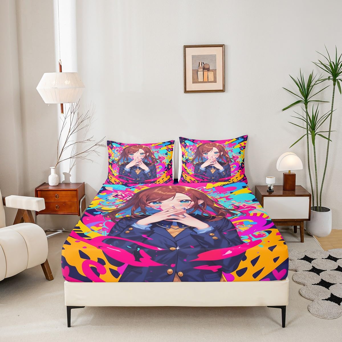 Erosebridal Anime Girl Twin Bed Sheets, Japanese Anime Bedding Set 2 Piece for Kids Girls Teens Adult Bedroom Decor, Cartoon Girl Fitted Sheet Kawaii Japanese Animation Sheets