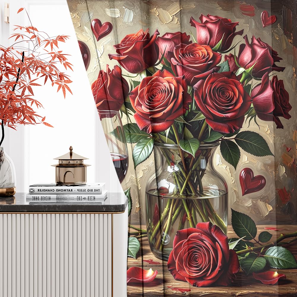 KuracleGH Valentines Day Red Wine Curtains for Bedroom,Aesthetics Floral Red Rose Room Darkening Blackout Window Treatment,Romantic French Wine Glass Rod-Pocket Privacy Curtains,2pcs,Each 21“W x 45”L