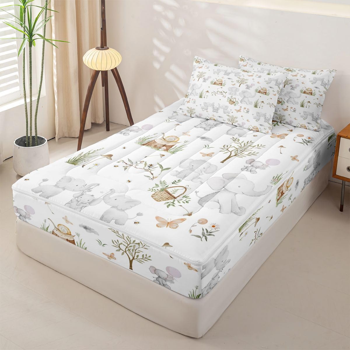 Erosebridal Kids Elephant Zippered Bedding Set Twin Nursery Cute Cartoon Animals Comforter Set Woodland Snails Wildlife Bed in a Bag Elephant Family Stump Butterfly Trees Zipper Quilt Fitted Sheet