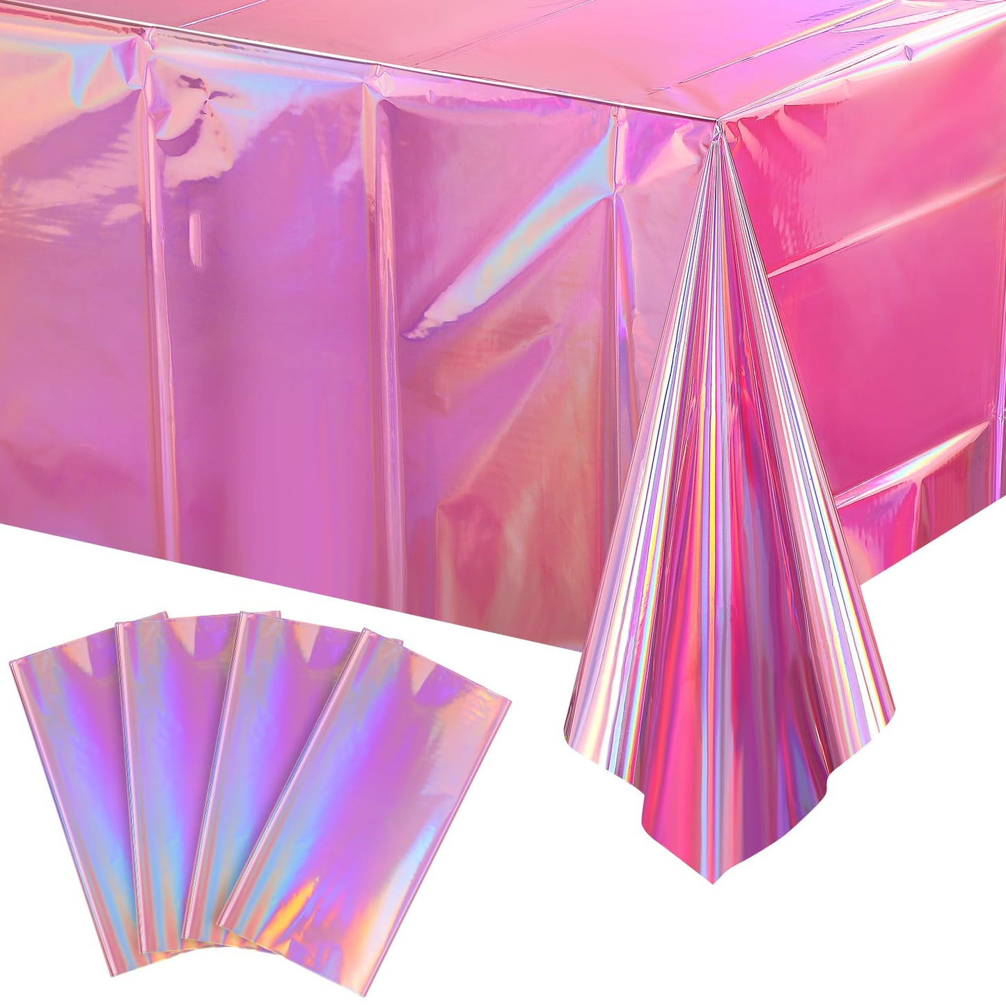 4 Pack Iridescent Pink Plastic Tablecloths, FunnyPars Shiny Disposable Laser Rectangle Table Covers, Holographic Foil Tablecloth Iridescent Party Decorations for Kpop Birthday Wedding Xmas, 54x108Inch