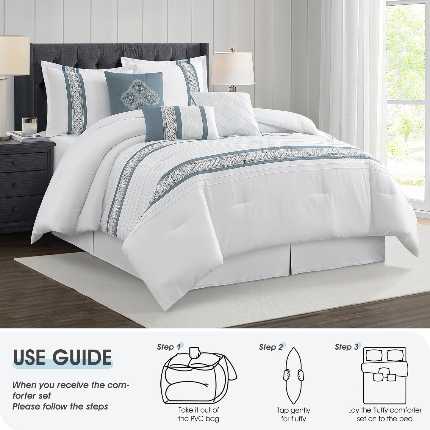 LANCO MODERN LIFESTYLE 7 Piece Comforter Set, Blue White, Queen Size, Boho Style Geometric Microfiber Embroidery, Bed in a Bag with Bedskirt, Pillow Shams and Decor Pillows