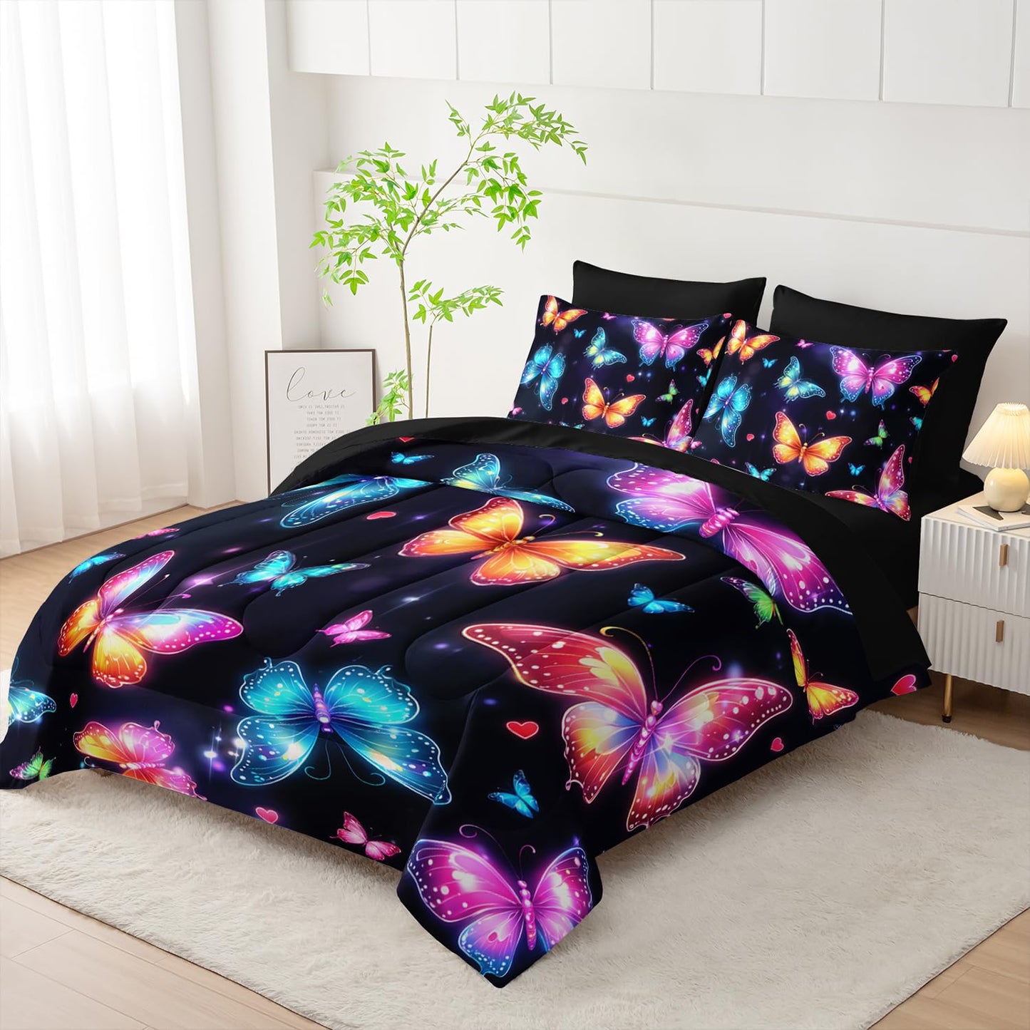 XYNHML Colorful Gradient Butterfly Comforter 7Pcs Tie-Dye Heart Print Bedding Set for Kid Teen Girl Boy Adult Sparkling Aesthetics Quilt Bed Set Twin with 2 Sheets,2 Pillowcases,2 Throw Pillow Covers