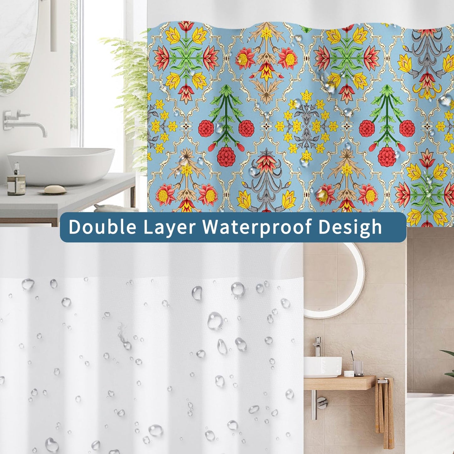 NAEMBCU Blue Floral No Hook Shower Curtain with Snap in Liner Set 71x74 in