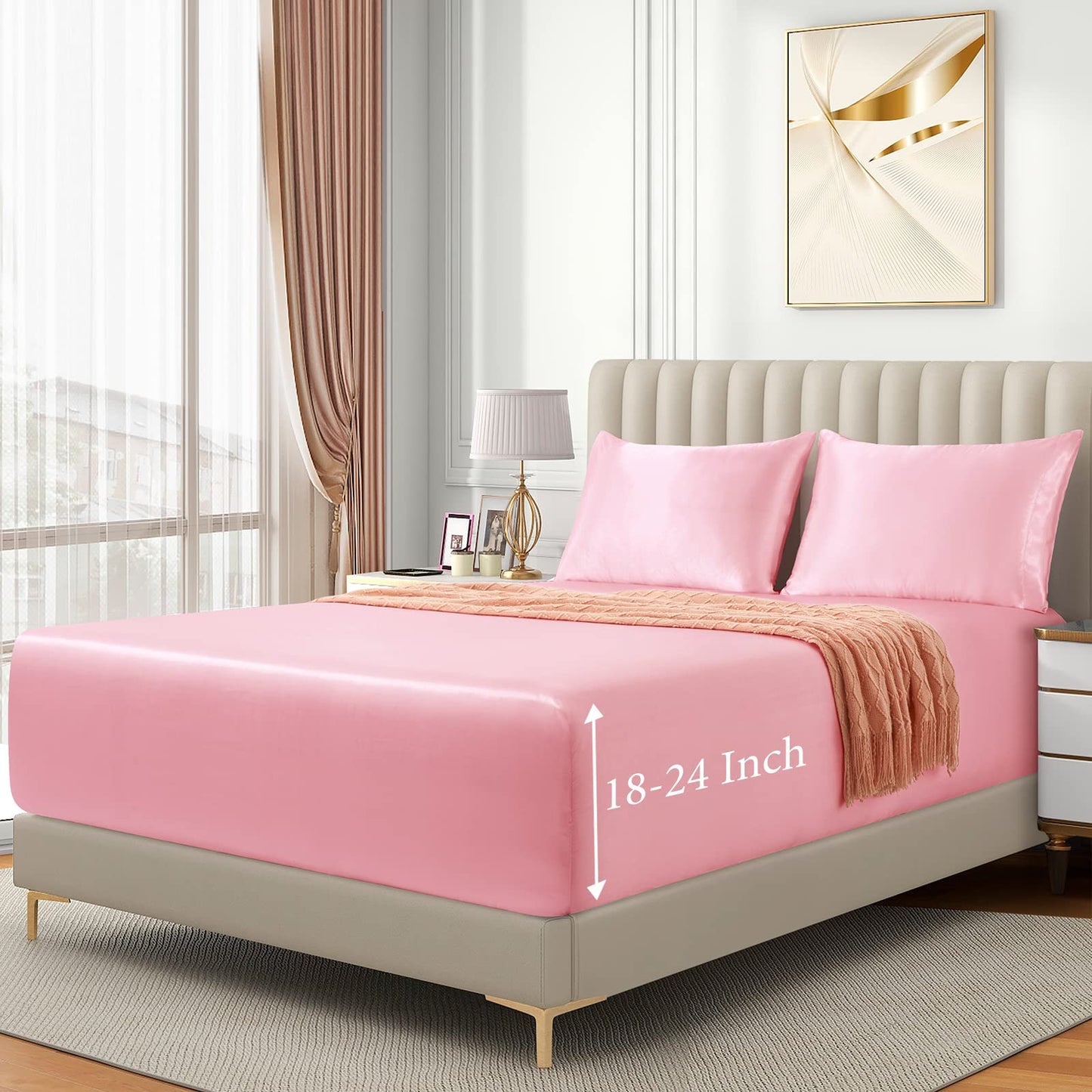 VACVELT 3pcs Extra Deep Pocket Satin Fitted Sheet Set King Bed Set, Pink Bottom Sheet Fit 18-24 Inch Deep Pocket Mattress, Silky Bedding Set Soft & Ultra Deep Fitted Sheet & 2 Pillowcase