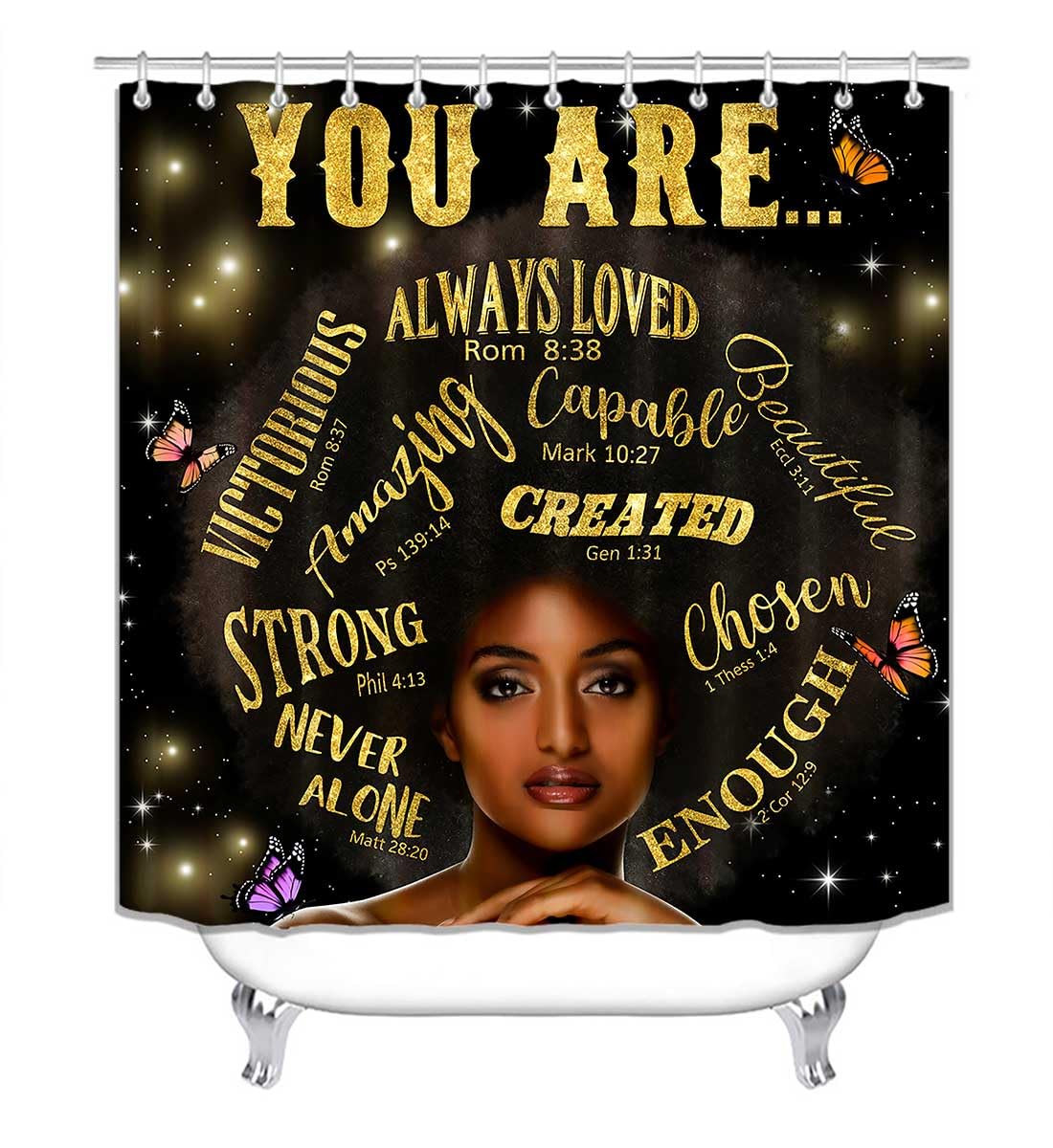 Jayden Madge 4PCS Afro Black Girl Shower Curtain Set, Purple Orange Butterfly Gold Glitter Motivational Quotes Elegant Melanin Queen African American Woman Bathroom Decor, Non-slip Bath Mat Toilet Rug