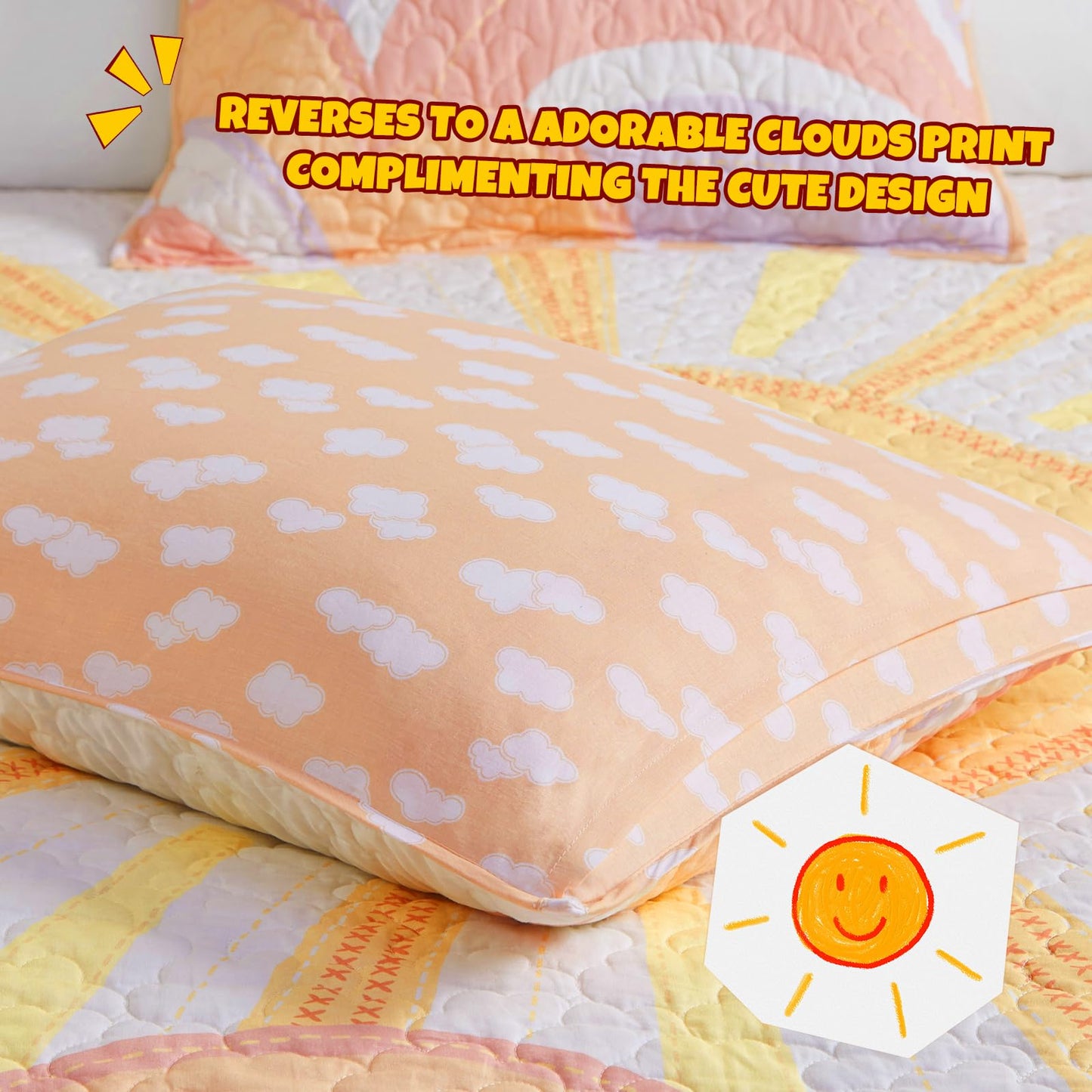 Intelligent Design Kids Queen Bedding Set Cotton Sun Full Size Quilt Sets for Girls Rainbow & Clouds Reversible Queen Coverlet Dawn Light & Breathable Sham Throw Pillow Full/Queen Yellow/Coral 4 Piece