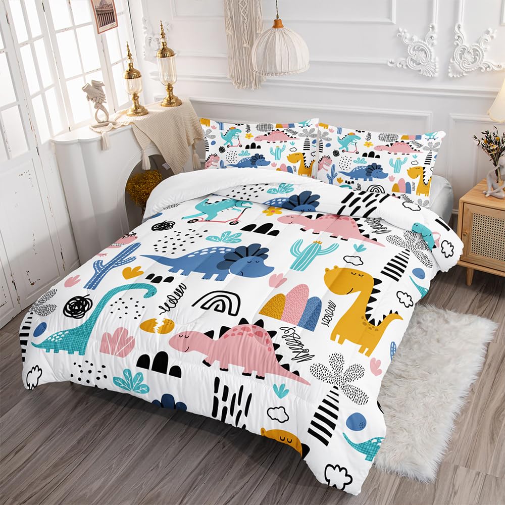 XYNHML Cartoon Dinosaur Rainbow Comforter Set Twin 3Pc Kawaii Dinosaur Bedding Set All Season with Cactus, Coconut Tree Decoration Includes 1 Comforter, 2 Pillowcases for Kids Girls Teens