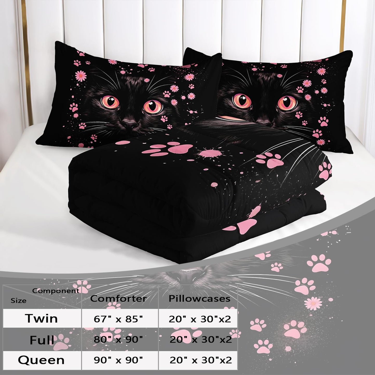 AILONEN Floral Cat Portrait Queen Comforter Set, Black Kitty Face with Blush Paw Prints, 3 Piece 1 Comforter + 2 Pillowcases, Cute Room Theme