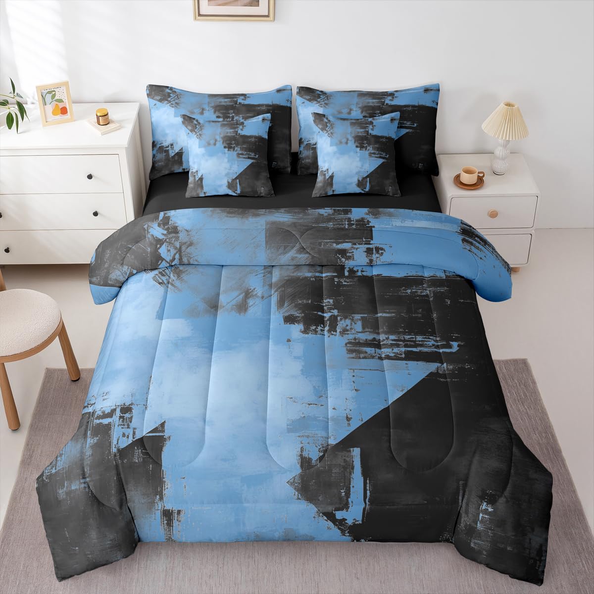Feelyou Abstract Comforter Set with Sheets 7 Piece King Size Modern Abstract Art Bedding Set for Kids Boys Girls Luxury Bed in a Bag Geometric Room Decor Deep Blue Soft Lightweight Microfiber