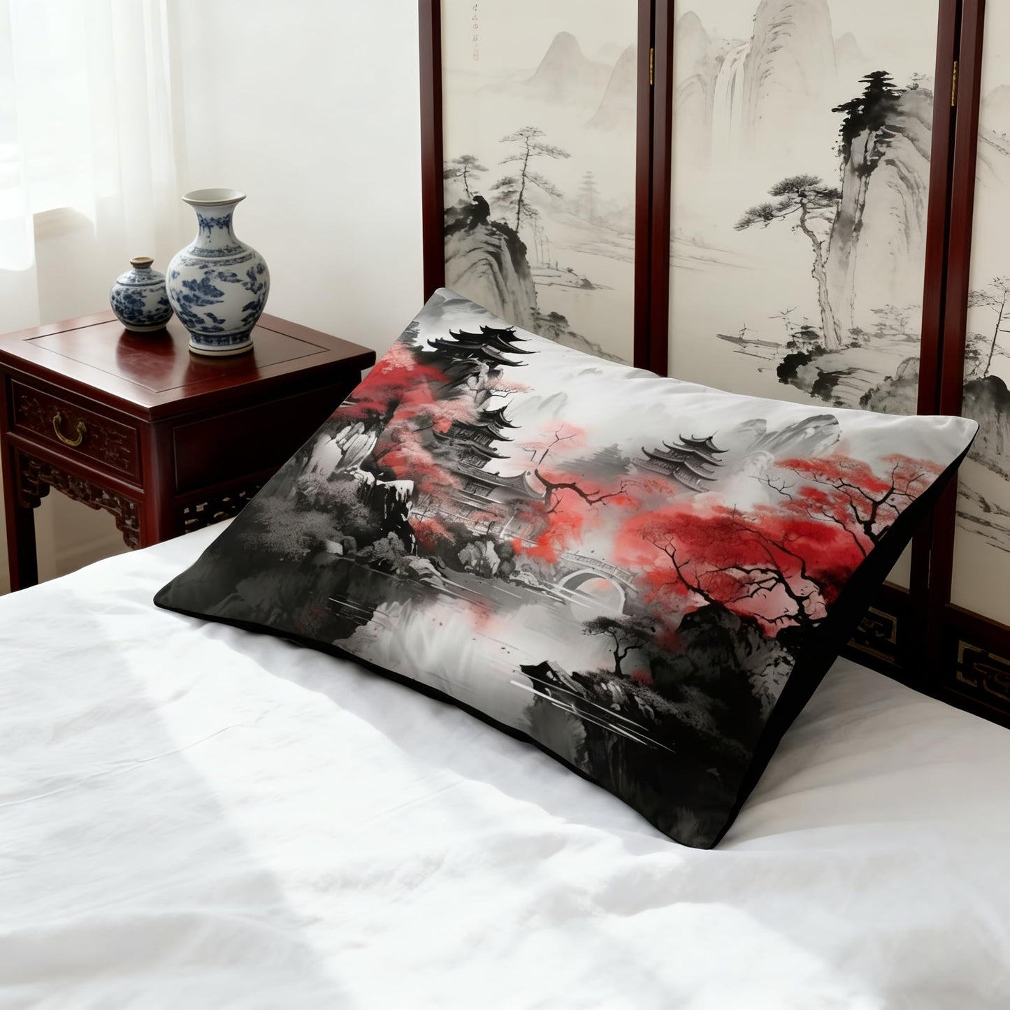 CCoutueChen Asian Chinese Comforter Set Queen Size Japanese Traditional Bedding Set with Watercolor Landscape Painting, 3 Pcs All Season Soft Microfiber Bed Set Black Red