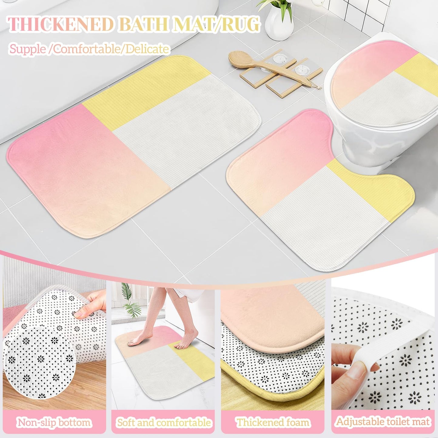4 Pcs Pink Yellow Beige Bathroom Sets with Shower Curtain Set and Non-Slip Rugs for Bathroom, Modern Bathroom Shower Curtain Sets with Rugs and Accessories