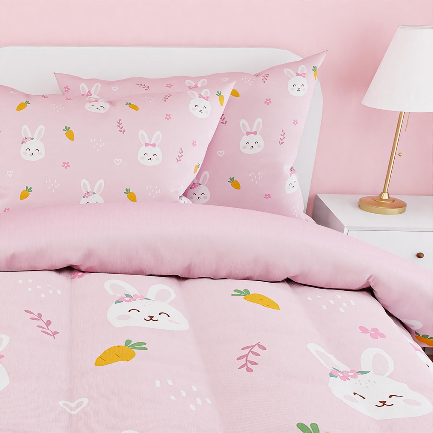 SANDJEST Rabbit Comforter Set Twin Size 68x86in for Kids Girls, Microfiber 3 Pcs Bedding Set Includes 1 Comforter, 1 Pillowcase, 1 Fitted Sheet, Nursery Room Decor