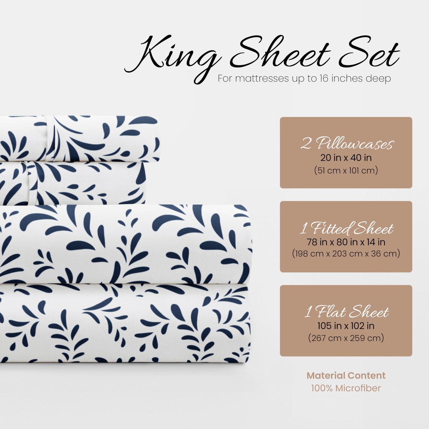 Linen Market 4 Piece King Sheet Set - Breathable, Double-Brushed Patterned Cooling Sheets – Oeko-TEX Certified Ultra Soft & Wrinkle-Free 16" Deep-Pocket King Sheets - Easy Care Burst of Vines Navy