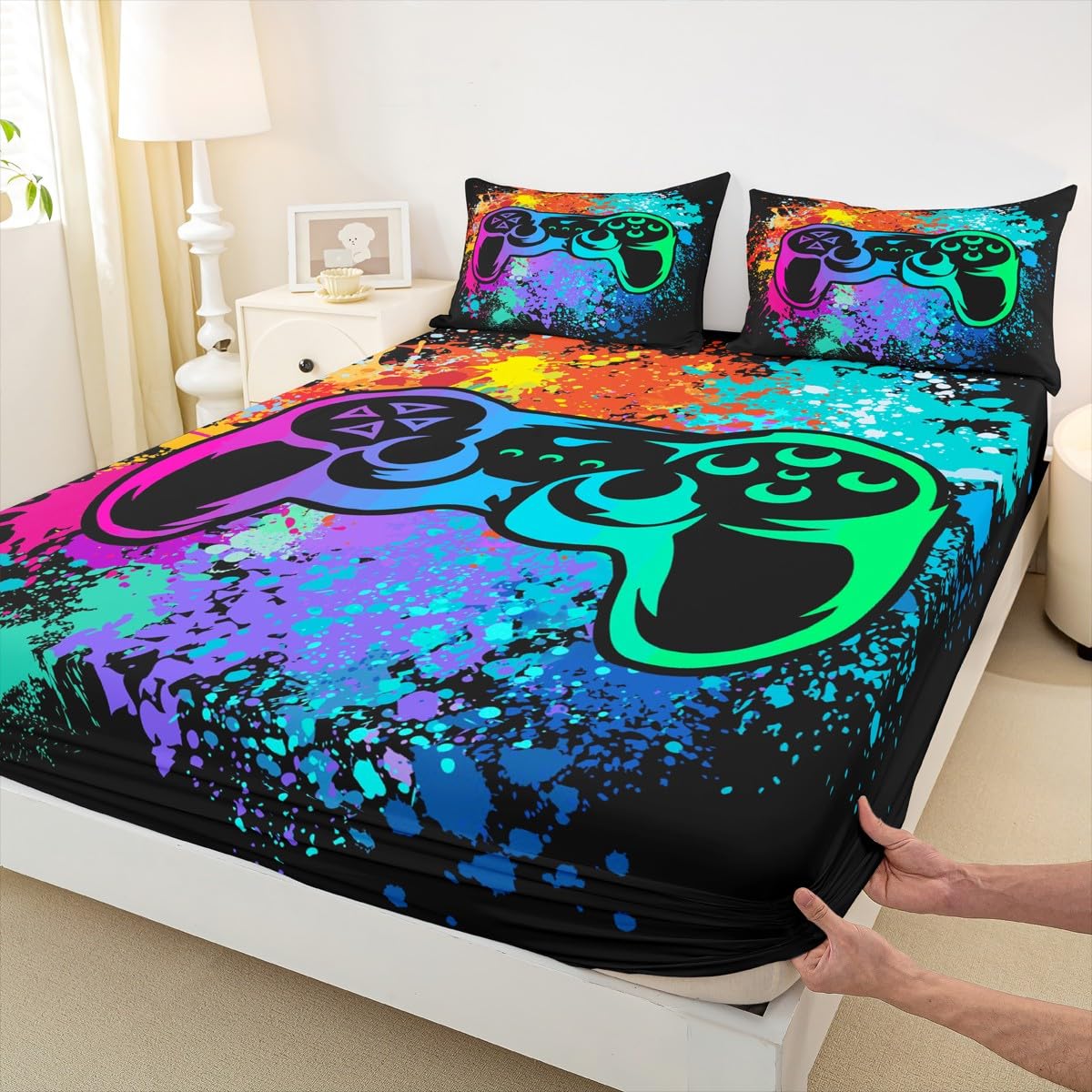 Erosebridal Gamer Bed Sheets King,Gaming Bed Sheet Set for Boys Game Room Decor,Tie Dye Bed Set for Kids Girls Teens Video Games Bedding Sheets,Gamepad Fitted Sheet + Flat Sheet + 1 Pillow Case