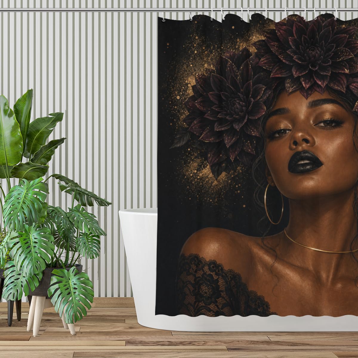 TopPacific Black Flower Crown Woman Shower Curtain 72x72 Inch Shower Curtain with 12 Hooks Polyester Woman Dark Flower Crown Black Background Bathroom Decor
