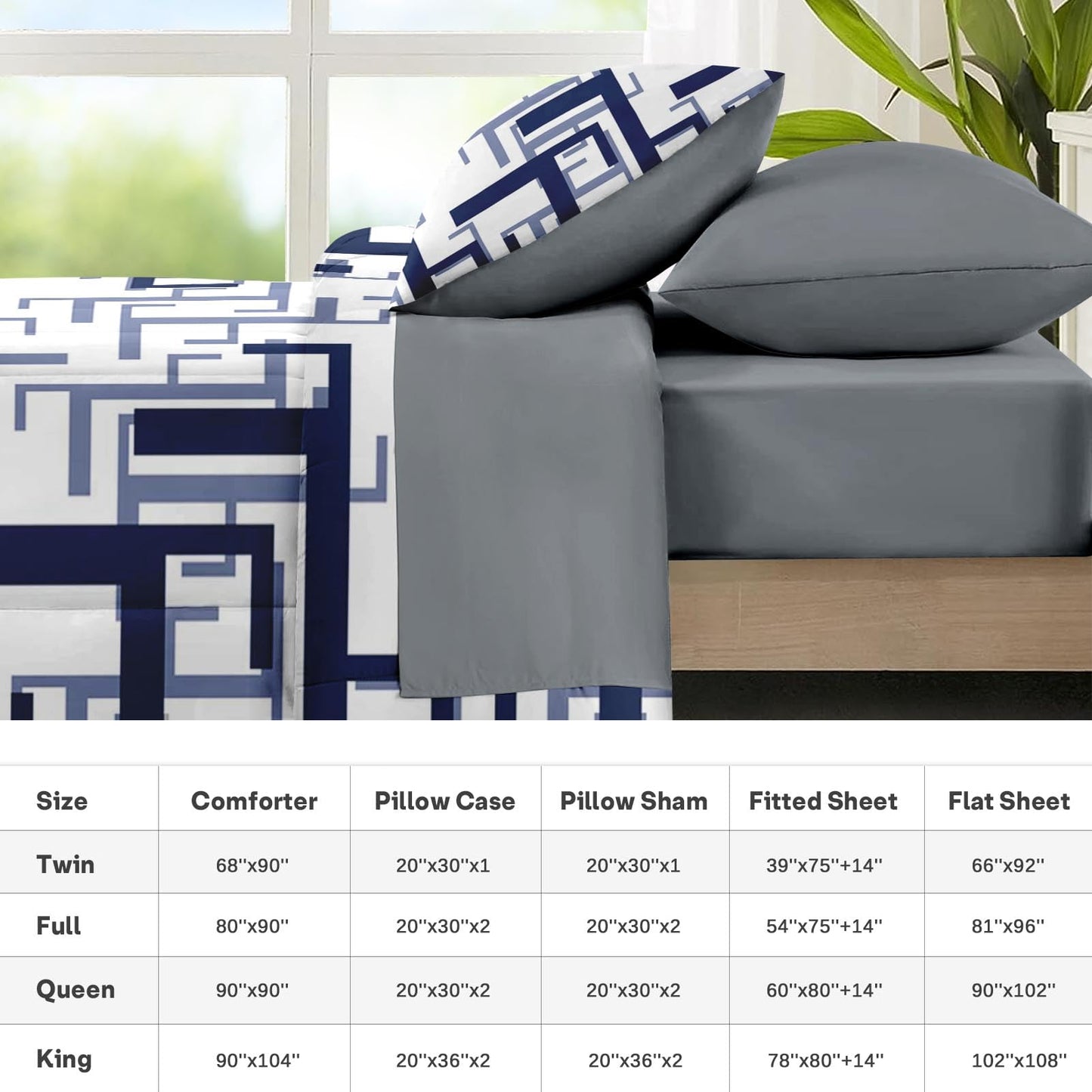 Nesker Comforter Set King Size, Navy Blue Maze 7 Pcs Bedding for Kids and Adults, Lines Geometric Bed Sheet Sets with Fitted Sheet 2 Pillowcases & 2 Shams