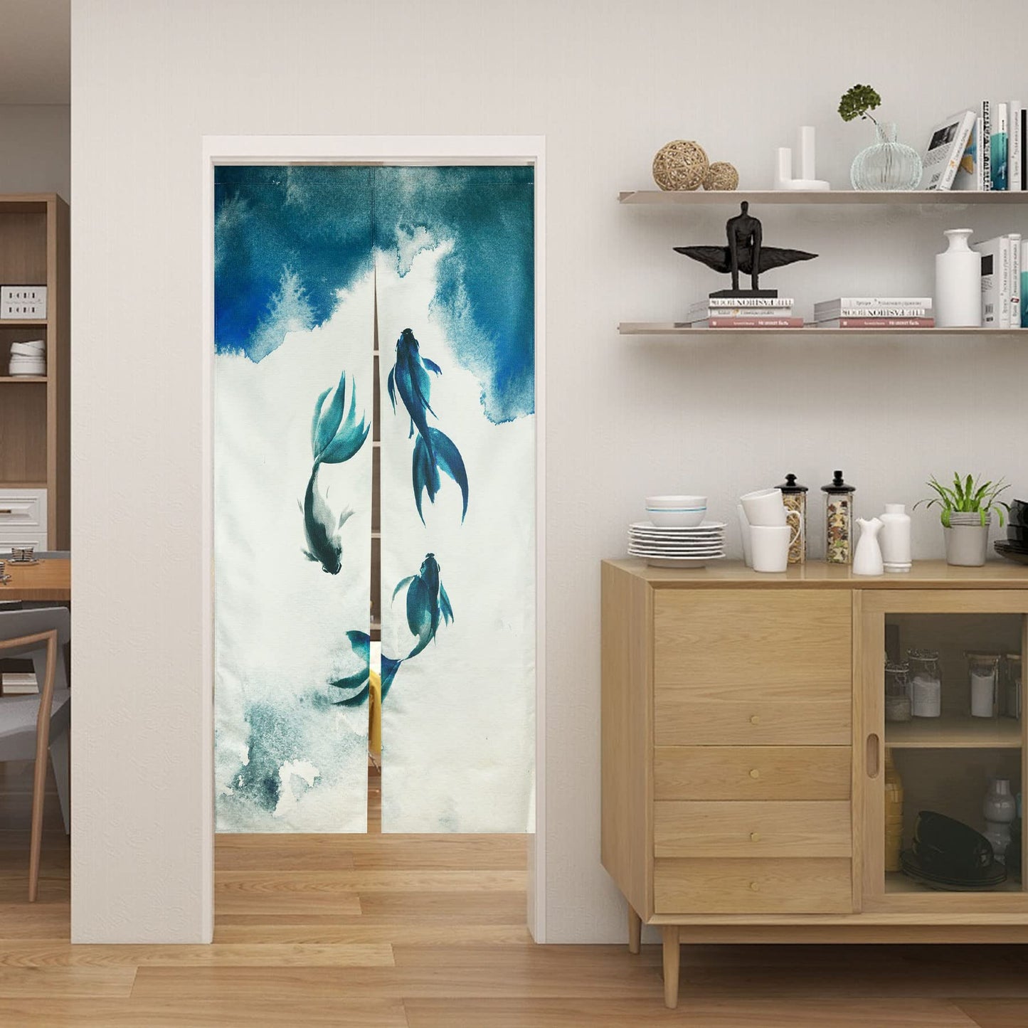 LIGICKY Chinese Ink Style Long Japanese Noren Doorway Curtain Linen Koi Fish Printed Asian Window Treatment Hanging Door Tapestry for Sushi Kitchen Home Decoration 33.5" Width x 70.9" Long