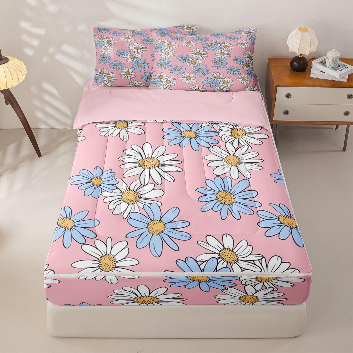 Feelyou Pink Floral Zipper Bedding Sets for Kids Boys Girls Cartoon Cute Daisy Flower Queen Comforter Set with Fitted Sheet Botanical Aesthetic Bedroom Decor Microfiber with 2 Pillow Cases