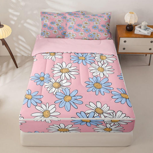 Feelyou Pink Floral Zipper Bedding Sets for Kids Boys Girls Cartoon Cute Daisy Flower Queen Comforter Set with Fitted Sheet Botanical Aesthetic Bedroom Decor Microfiber with 2 Pillow Cases
